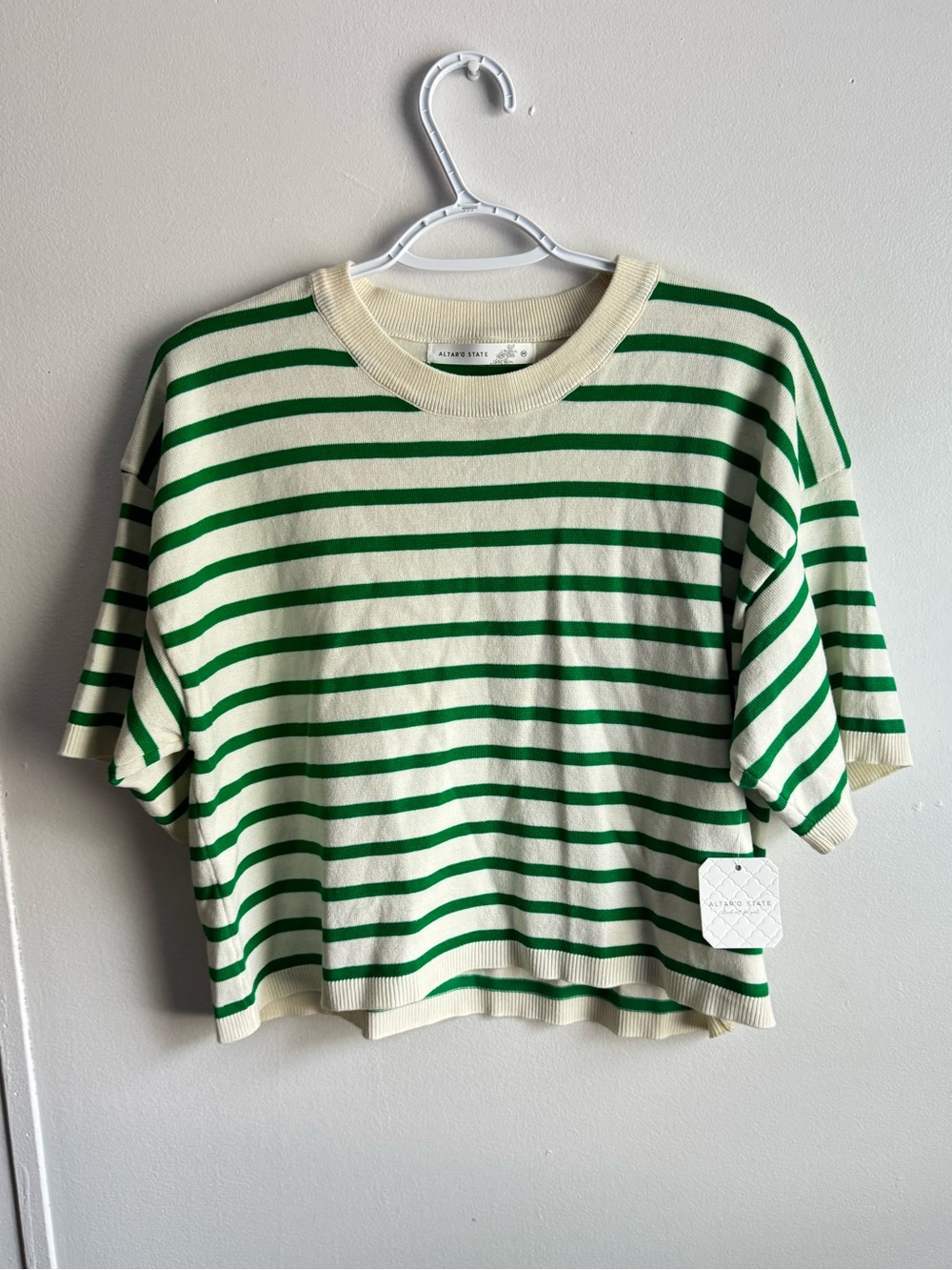 Altar'd State Cream and Green Striped Boxy Knit Top